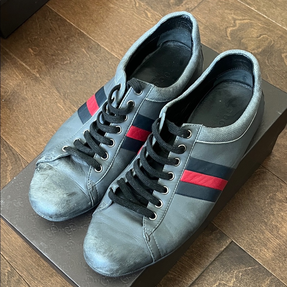 Gucci Gray and Black Sneakers with Red Stripes